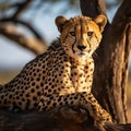 Cheetah resting on a tree trunk in Serengeti National Park, Tanzania Royalty Free Stock Photo