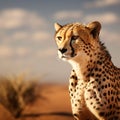 Cheetah roams expansive desert landscape, allowing for ample copy space