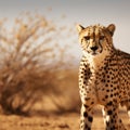 Cheetah roams expansive desert landscape, allowing for ample copy space