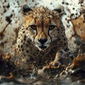 Cheetah runs quickly through dirty water. Front photo. Dynamics and power of wild predator. Royalty Free Stock Photo