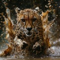 Cheetah runs quickly through dirty water. Front photo. Dynamics and power of wild predator. Royalty Free Stock Photo