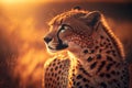 Cheetah at savanna on sunset sky background. Animal and nature environment concept. Generative ai Royalty Free Stock Photo