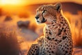 Cheetah at savanna on sunset sky background. Animal and nature environment concept. Generative ai Royalty Free Stock Photo