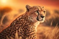 Cheetah at savanna on sunset sky background. Animal and nature environment concept. Generative ai Royalty Free Stock Photo