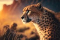 Cheetah at savanna on sunset sky background. Animal and nature environment concept. Generative ai Royalty Free Stock Photo