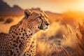 Cheetah at savanna on sunset sky background. Animal and nature environment concept. Generative ai Royalty Free Stock Photo