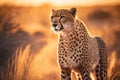 Cheetah at savanna on sunset sky background. Animal and nature environment concept. Generative ai Royalty Free Stock Photo