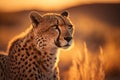 Cheetah at savanna on sunset sky background. Animal and nature environment concept. Generative ai Royalty Free Stock Photo