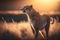 Cheetah at savanna on sunset sky background. Animal and nature environment concept. Generative ai Royalty Free Stock Photo