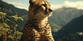 A cheetah sits and watches intently with forest views. High quality photo