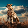 A cheetah is sitting peacefully on a hill alone with sky background