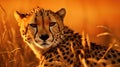 A cheetah is sitting in tall grass, AI Royalty Free Stock Photo