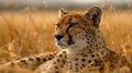 A cheetah sitting in the tall grass of a field, AI Royalty Free Stock Photo