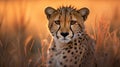 A cheetah is sitting in tall grass at sunset, AI Royalty Free Stock Photo