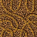 Cheetah skin with gold chains seamless pattern. Panther yellow spots with black jaguar scheme outlines.