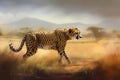 Cheetah stalking in arid savannah. Generate ai