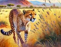 Cheetah stalking fro prey on savanna, digital art Royalty Free Stock Photo