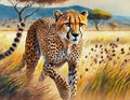 Cheetah stalking fro prey on savanna, digital art Royalty Free Stock Photo