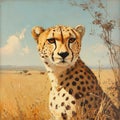 A cheetah is standing in a field with a blue sky in the background Royalty Free Stock Photo