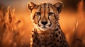 A cheetah is standing in a field with tall grass, AI Royalty Free Stock Photo