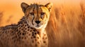 A cheetah is standing in tall grass, AI Royalty Free Stock Photo