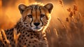 A cheetah is standing in tall grass at sunset, AI Royalty Free Stock Photo