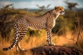 Cheetah standing on a termite mound in Serengeti National Park, Tanzania. Generative AI. Royalty Free Stock Photo