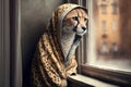 Cheetah stay alone near window feeling depressed, created with Generative AI technology Royalty Free Stock Photo