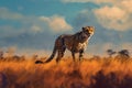 Cheetah Stealthily Hunting Prey on the Savanna Digital Artwork. Generative AI Royalty Free Stock Photo