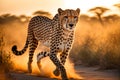 Cheetah in Stride: Across the African Savanna, Dust Billowing Under Powerful Limbs, Eye-Level Perspective