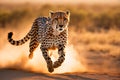 Cheetah in Stride: Across the African Savanna, Dust Billowing Under Powerful Limbs, Eye-Level Perspective Royalty Free Stock Photo