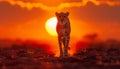 Cheetah strides confidently across desert landscape as sun sets behind casting warm orange glow This stunning image captures