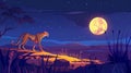 The cheetah walking alongside the full moon in the african desert landscape at night. Wild animals with spotted fur Royalty Free Stock Photo