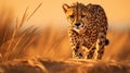 A cheetah walking through tall grass in the wild, AI Royalty Free Stock Photo