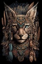 Cheetah wearing Indian roach with eagle feather totem design