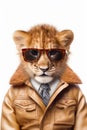 Cheetah wearing leather jacket and pair of sunglasses on his head. Generative AI