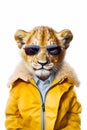 Cheetah wearing sunglasses and yellow jacket with white background. Generative AI