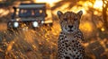 Cheetah wild cat in yellow grass and car with tourists on safari summer holiday background.Macro.AI Generative Royalty Free Stock Photo