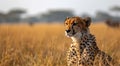 Cheetah wild cat in yellow grass on large safari valley background.Macro.AI Generative Royalty Free Stock Photo