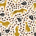 Cheetahs with palm tropical leaves seamless pattern