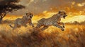 Cheetahs Running Through Tall Grass at Sunset Royalty Free Stock Photo
