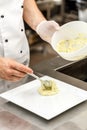 Chef add mashed potatoes on plate Royalty Free Stock Photo