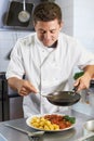 Chef Adding Sauce To Dish In Restaurant Kitchen Royalty Free Stock Photo