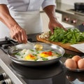 Chef adding spices on eggs with spoon in a pan. - AI Generated