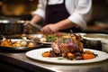 chef adds finishing touches to coq au vin in kitchen