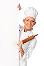 Chef, baker or cook smiling happy holding blank white paper sign