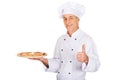 Chef baker with italian pizza showing ok sign