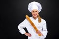 Chef baker smailing, fresh baked bread.