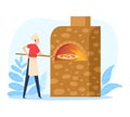 Chef baking pizza in wood-fired oven. Professional cook in uniform making Italian pizza. Culinary art and pizzeria