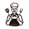 Chef with barbecue fork spatula. Design element for restaurant or cafe menu